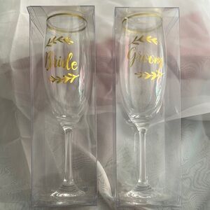 Gold Accented Bride and Groom Flutes